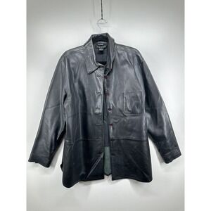 Revue Leather Button Down Shirt Womens 12 Collared Long Sleeve Dark Black Retro